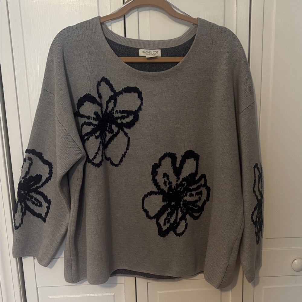 Rachel Zoe Gray Sweater with Black Floral Design